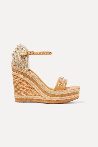 Christian Louboutin - Madmonica 120 Spiked Raffia And Leather Espadrille Wedge Sandals | NET-A-PORTER (US)