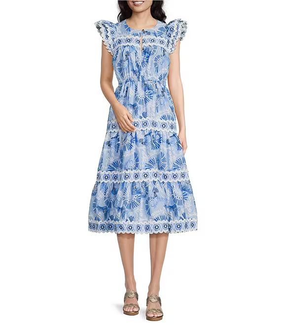 SAIL to SABLECK Bradley Print Flutter Sleeve Ric-Rac Trim Tiered Midi Dress | Dillard's
