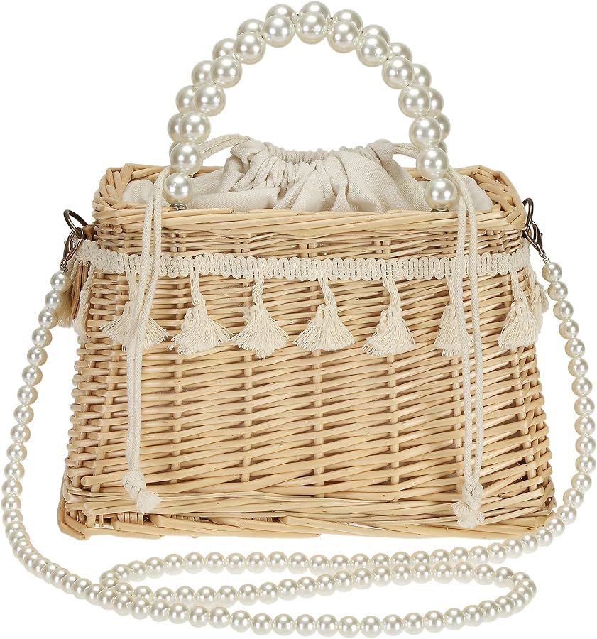 TaiGuri Women's Handmade Rattan Basket Artificial Pearl Woven Purse Handbag Tote Shoulder Bag | Amazon (US)