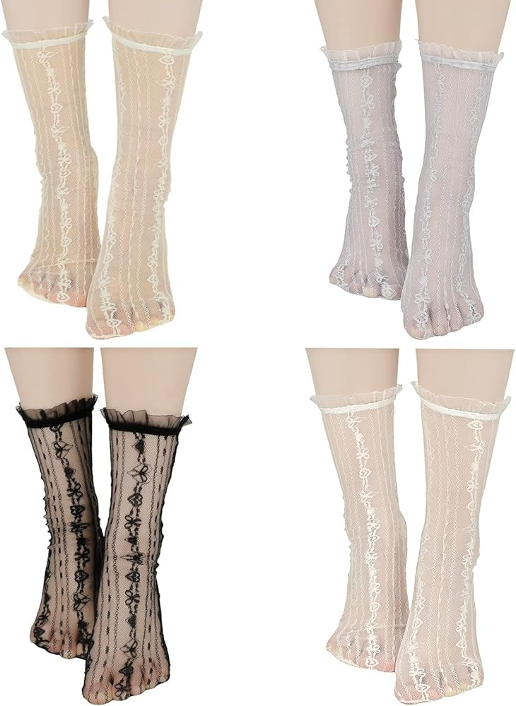 Bencailor 4 Pairs Women Sheer Slouch Socks Lace Mesh Novelty Decorated Nylon Loose Ankle High | Amazon (US)