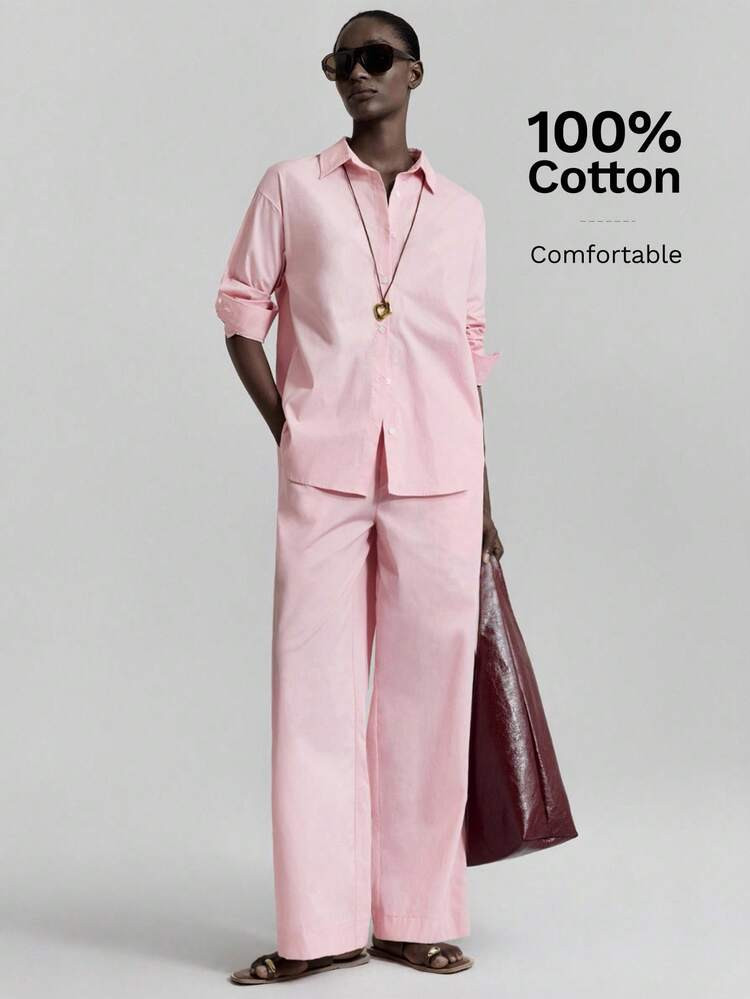 Ontre 2026 Spring/Summer New Modern Urban Style, Minimalist Comfortable Design, Pink Women's 2-Piece Set, Long Pants Suit, Real Pockets, Lapel Collar, Long Sleeve Shirt, Elastic Waist Pants, Daily/Commute/Casual Wear, Business Casual Outfit | SHEIN