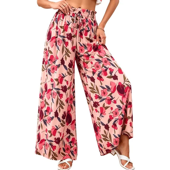 Women Casual Elastic Drawstring Floral Print Wide Leg Maxi Pants with Pockets Red S | Walmart (US)