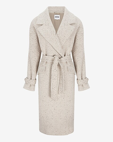 Herringbone Belted Wrap Front Wool-Blend Coat | Express
