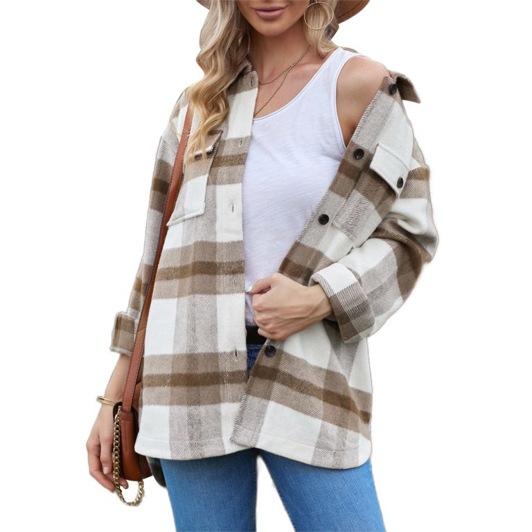 Astylish Shackets Women Long Sleeve Button Down Plaid Blouse Jackets Vintage Shirt Tops with Ches... | Walmart (US)