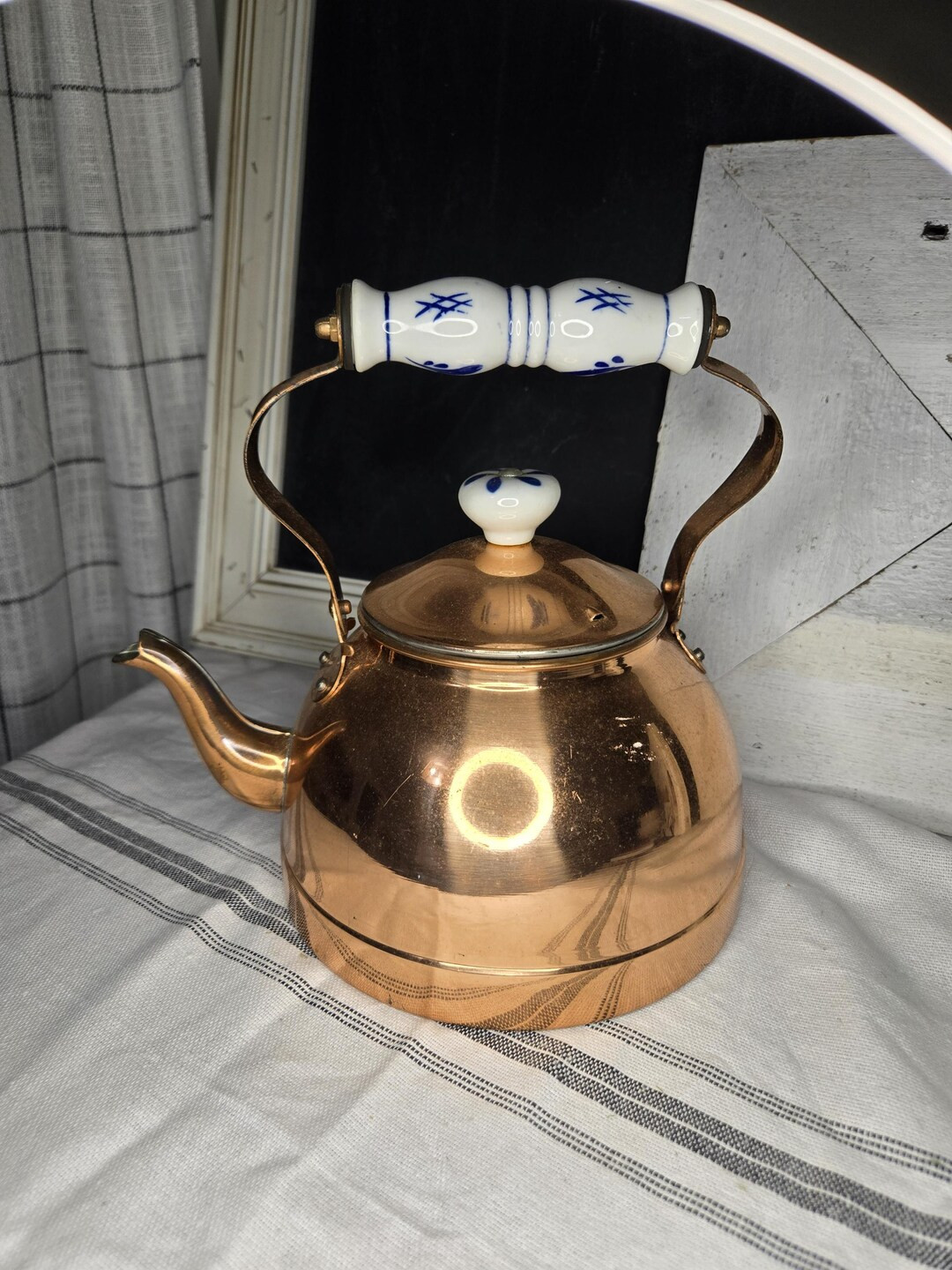 Vintage Copper Kettle With Blue and White Handle - Etsy | Etsy (US)