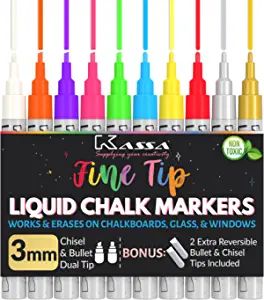 Kassa Chalk Markers - 10 Pack, Neon Multicolor - Fine Tip: Includes Silver & Gold; Erasable for B... | Amazon (US)