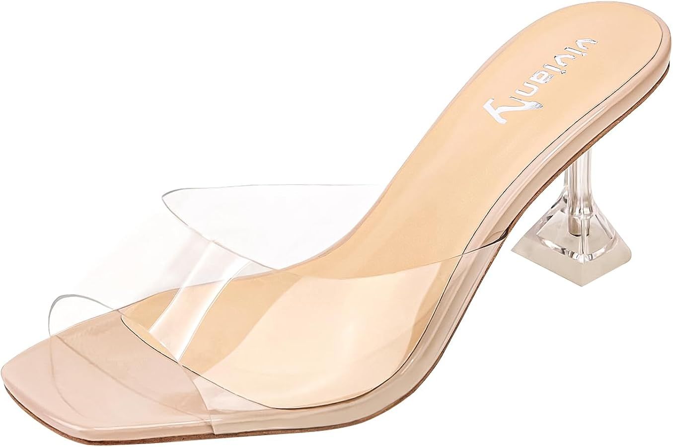 vivianly Womens Clear Heels Sandals Transparent Stiletto Heel Slippers Backless Peep Toe Slip on ... | Amazon (US)