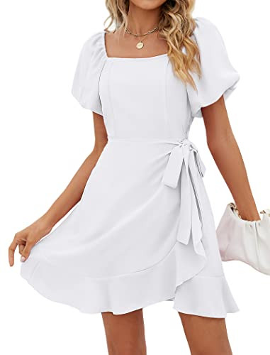 Sampeel Womens Casual Summer Dresses 2026 Puff Sleeve Cute Teen Girl Vacation Clothes Graduation Dress White M | Amazon (US)