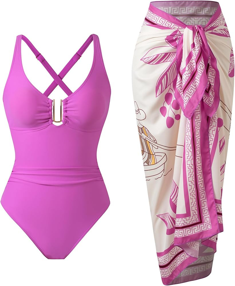 One Piece Swimsuit Women with Cover Up Set Retro Bathing Suit for Women Tummy Control Beach Wrap ... | Amazon (US)