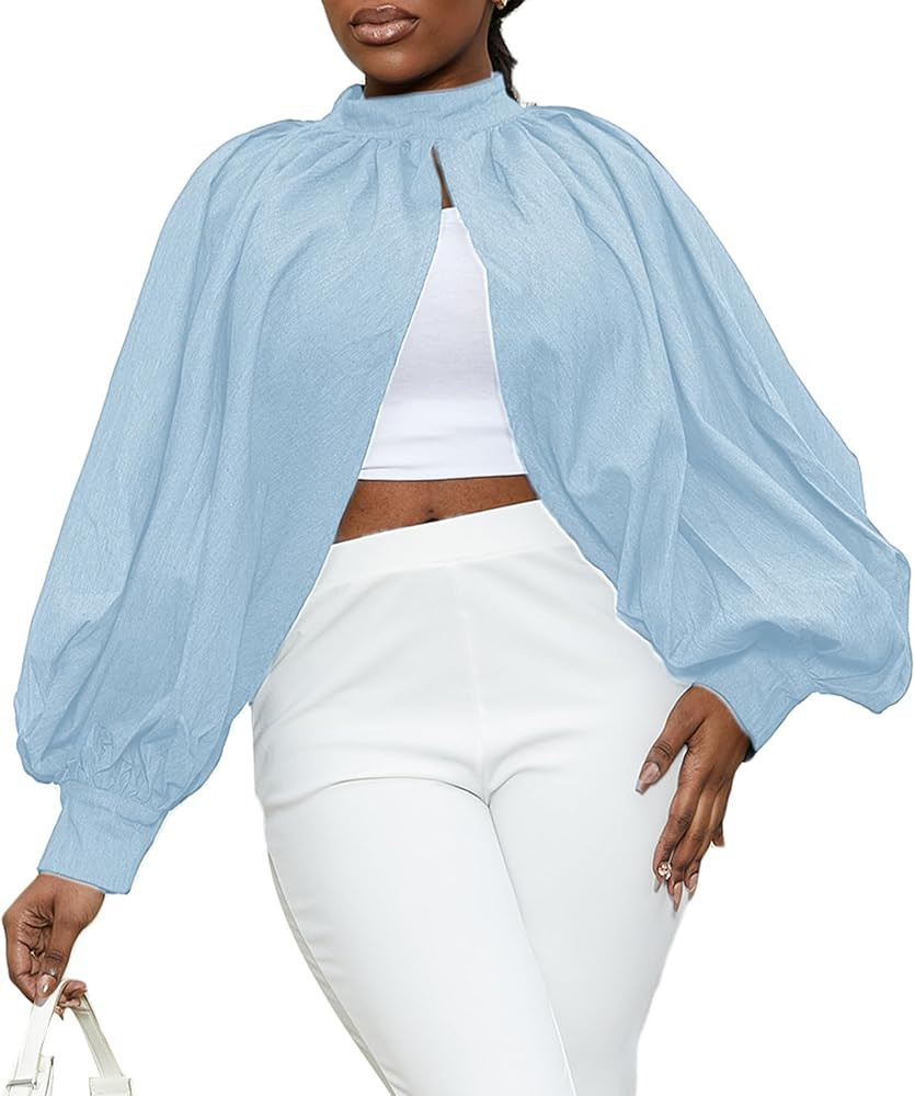 LETSVDO Women's Sexy Denim Crop Top Mock Neck Backless Puff Sleeve Open Front Bolero Shrug Asymme... | Amazon (US)