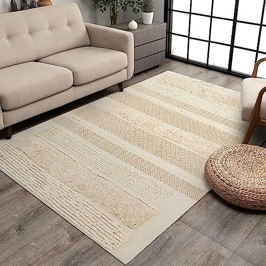 MOTINI Tufted Cotton Area Rug 5' x 7', Hand Woven Knotted Boho Accent Beige Ivory Cream Carpet wi... | Amazon (US)