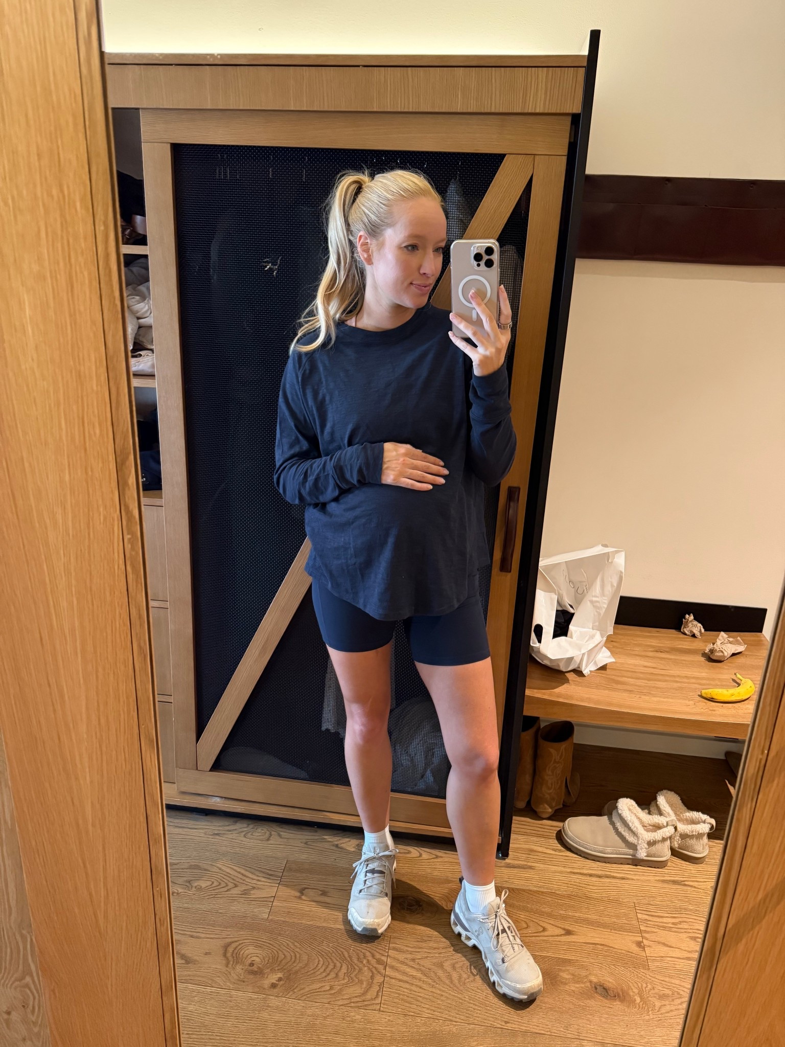 Wore this navy athleisure set to hike in Jackson Hole! Both are still in stock in the nordstrom anniversary sale! I sized up to a medium for the bump :) I love that the bike shorts have pockets on the side for your phone, made it super convenient for walking without a bag (Tim carried a hiking backpack for us)

Bump style // Hiking outfit // compression shorts // biker shorts // casual outfit // athleisure 

#LTKActive #LTKSaleAlert #LTKBump