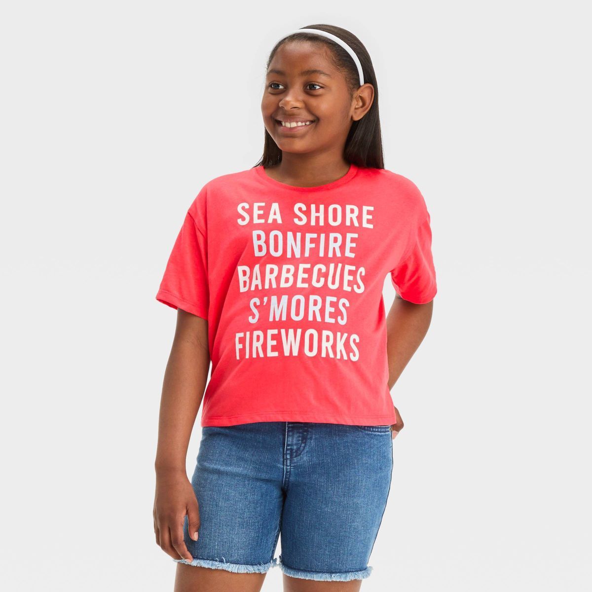 Girls' Americana List Boxy Short Sleeve Graphic T-Shirt - Red XS | Target