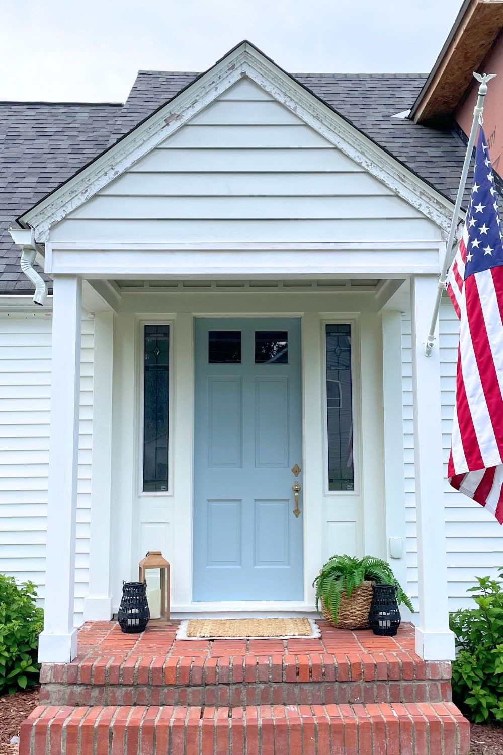 Front door refresh is done! 

Paint color details on the blog: www.tantrumsandtools.com/light-blue-front-door-color

You can still grab this adorable (and affordable) scalloped layering rug which pairs perfectly with this smaller jute doormat! My lanterns are sold out but linking similar ones here.

Modern farmhouse, coastal, cottage, porch decor, outdoor decor, american flag, curb appeal 

 #LTKSeasonal #LTKHome #LTKStyleTip