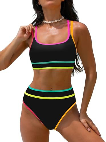 popvil Women's High Waisted Bikini Sets Neon Two Piece 2026 Swimsuit Sporty Adjustable Straps Tummy Control Bathing Suit Ladies Beach Summer Black | Amazon (US)