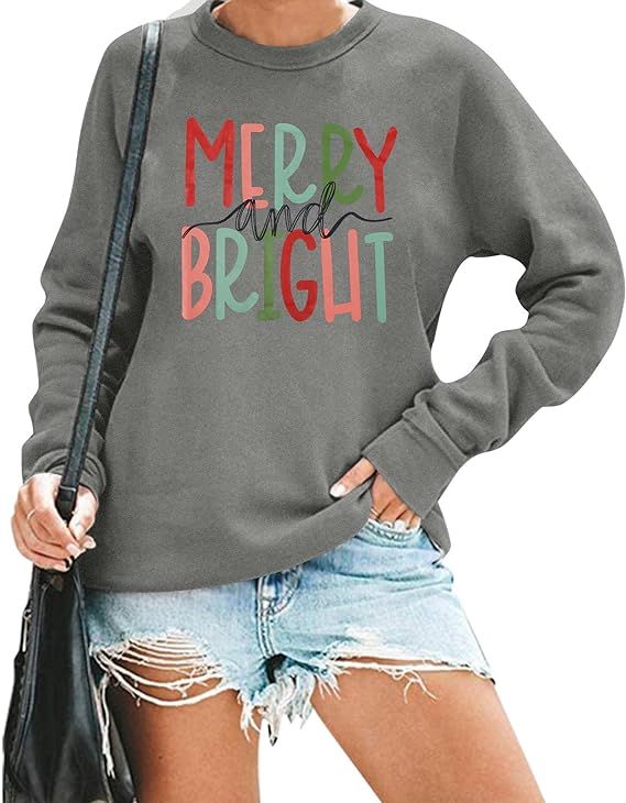 MOUSYA Christmas T-Shirt Women Merry Bright Colorful Letter Printed Sweatshirt Casual Long Sleeve... | Amazon (US)