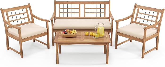 RELAX4LIFE Wood Patio Furniture Set - 4-Piece Outdoor Furniture w/Seat Cushions & Coffee Table, L... | Amazon (CA)