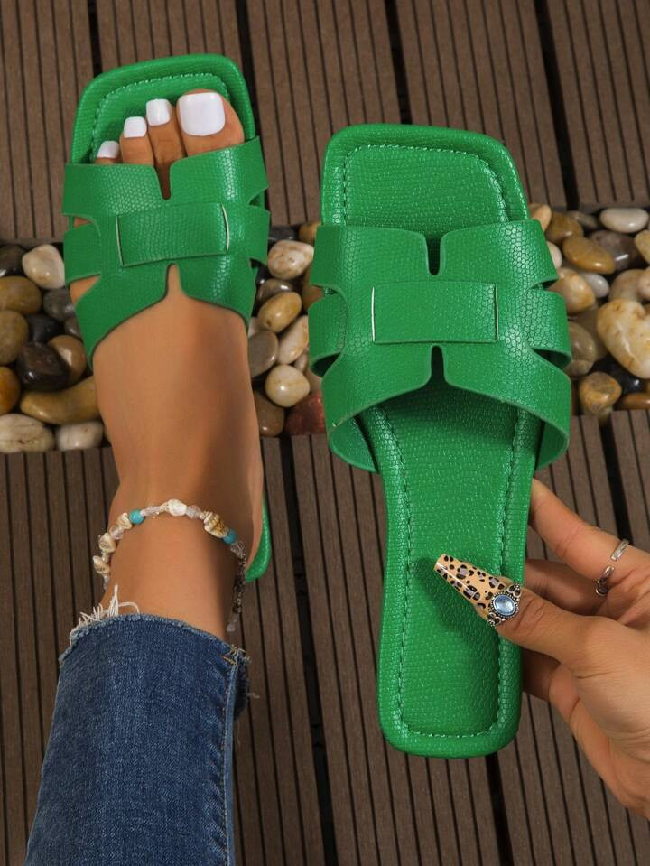 Fashion Green Sandals For Women, Snakeskin Embossed Cut Out Slide Sandals | SHEIN