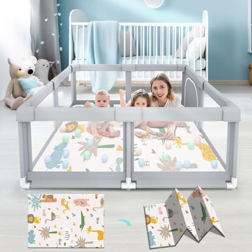 Fshibila Baby Playpen with Mat, Baby Playpens for Babies and Toddlers, BabyFence Play Pen for Indoor & Outdoor, Sturdy Safety Play Yard with Soft Breathable Mesh, 50 * 50 * 27 inches Grey | Amazon (US)