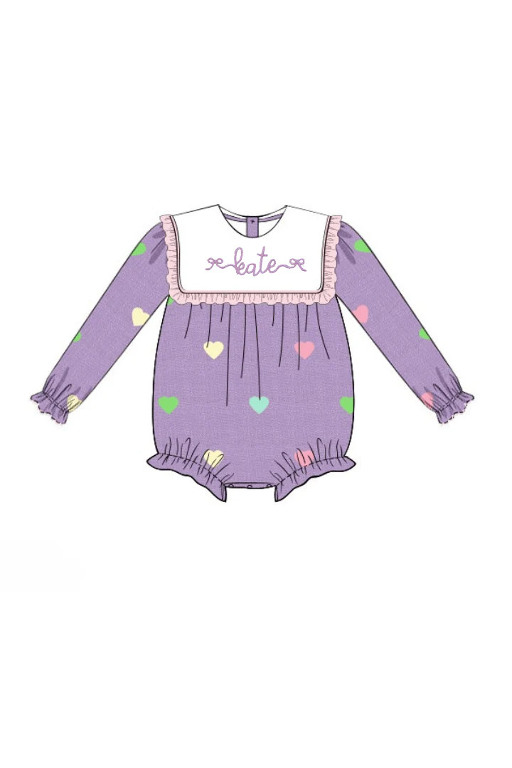 Pre-Order Embroidered Hearts Lavender Linen Ruffle Bubble | The Smocked Flamingo