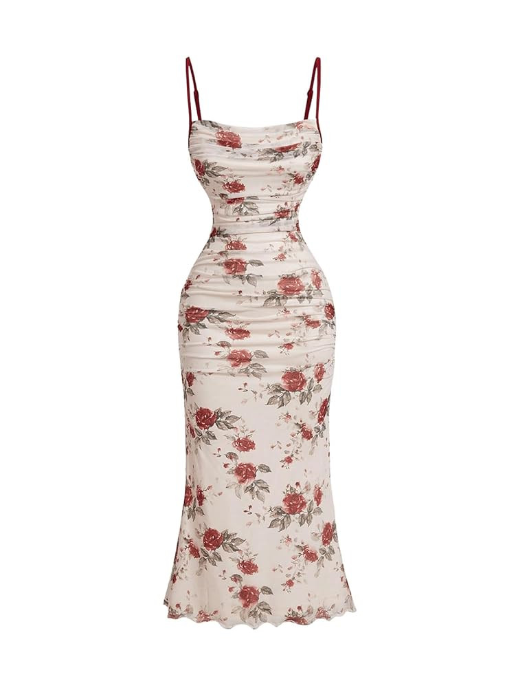 GORGLITTER Women's Mesh Ruched Floral Bodycon Midi Dress Sleeveless Fishtail Cami Dresses | Amazon (US)