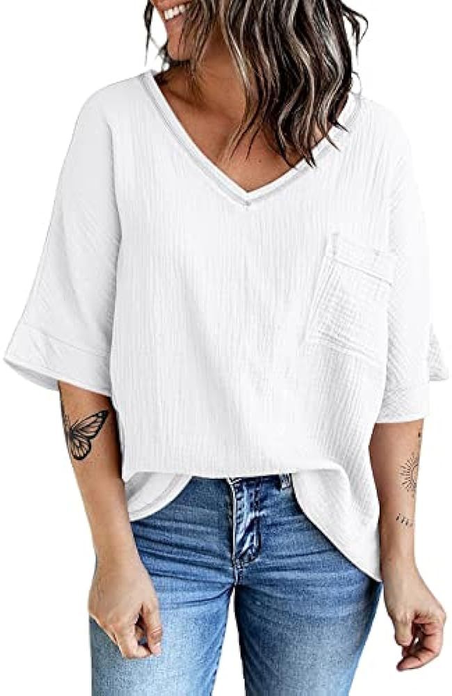 Dokotoo Womens 2022 Spring Summer 3/4 Sleeve V Neck Casual Loose Tunic Tops Blouses | Amazon (US)