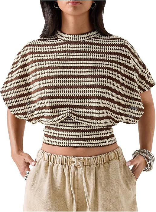 SHENHE Women's Y2k Striped Cinched Waist Top Dolman Sleeve Knit Tee Shirt Going Out Crop Shirt | Amazon (US)