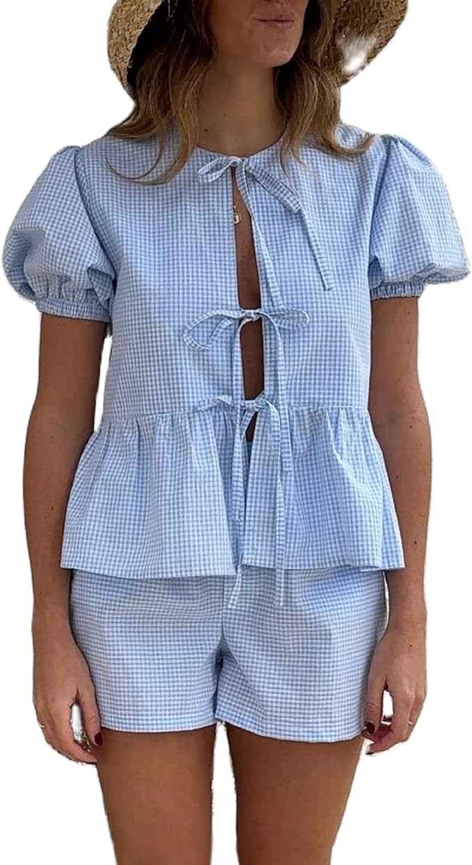 Women Tie Front Pajamas Sets Puff Sleeve Plaid Babydoll Shirt Ruffle Hem Shorts Y2k 2 Piece Pj Ma... | Amazon (US)