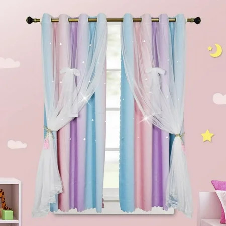 EleaEleanor 132X160CM 1Pcs Children s Room Curtains Gradient Rainbow Double Hollow Star Curtain Home | Walmart (US)