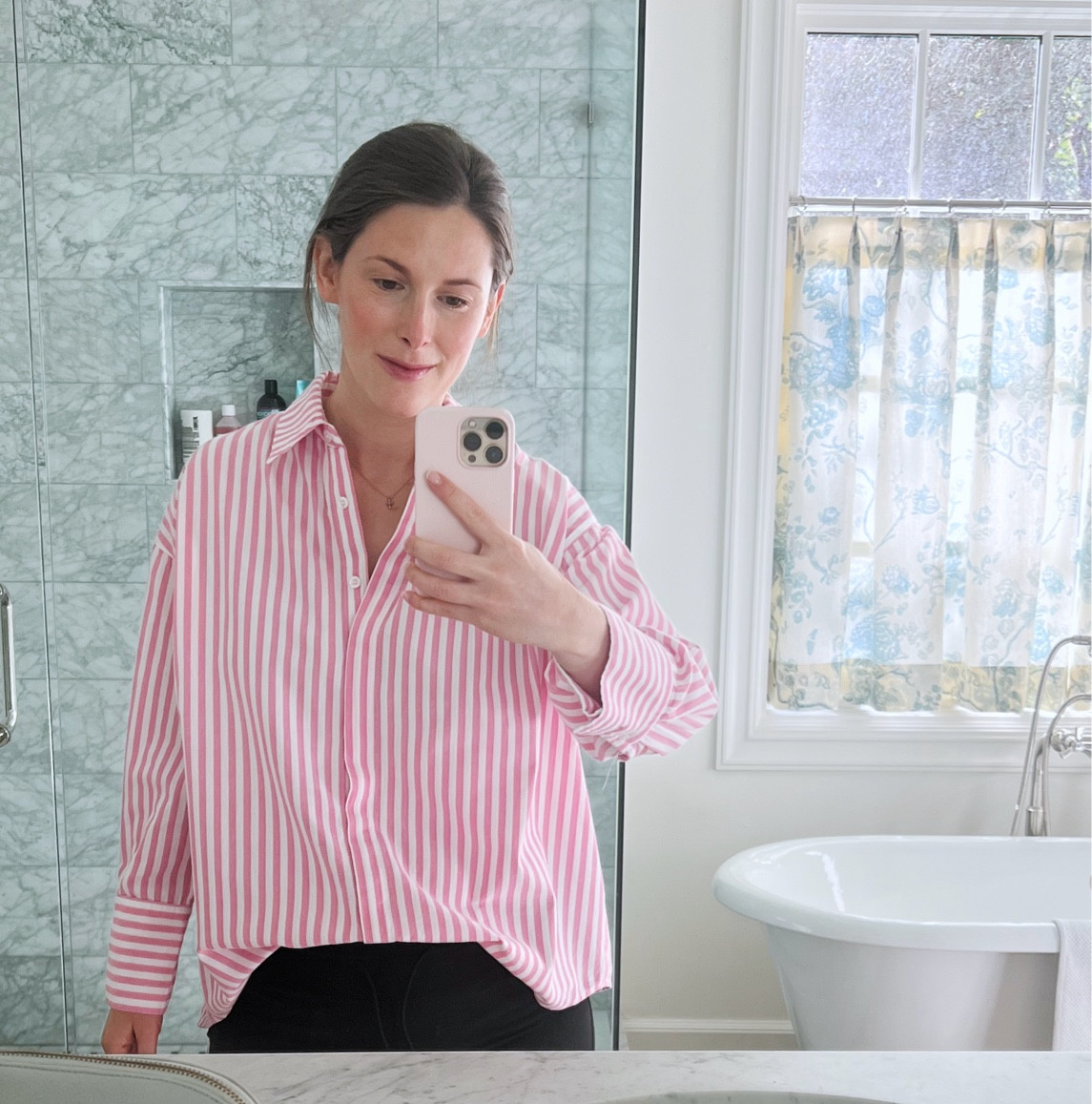 Postpartum style - loose button down shirt (vertical stripes are my go to) and black joggers… a touch of blush and under eye concealer to complete the look 

#LTKFamily #LTKBump #LTKStyleTip