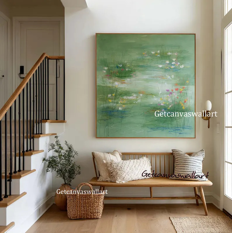 Abstract Green Water Lily Pond Painting Colorful Lotus Floral Landscape Art Large Botanical Natur... | Etsy (US)