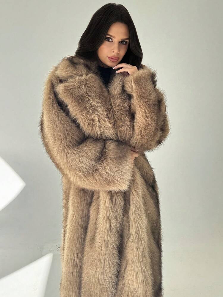 Firerie Women's Elegant Luxury Vintage Street Style Urban Chic Party Date Night Heavily Embellished Ombre Brown Faux Fur Long Coat, Autumn Winter Clothes For Women | SHEIN