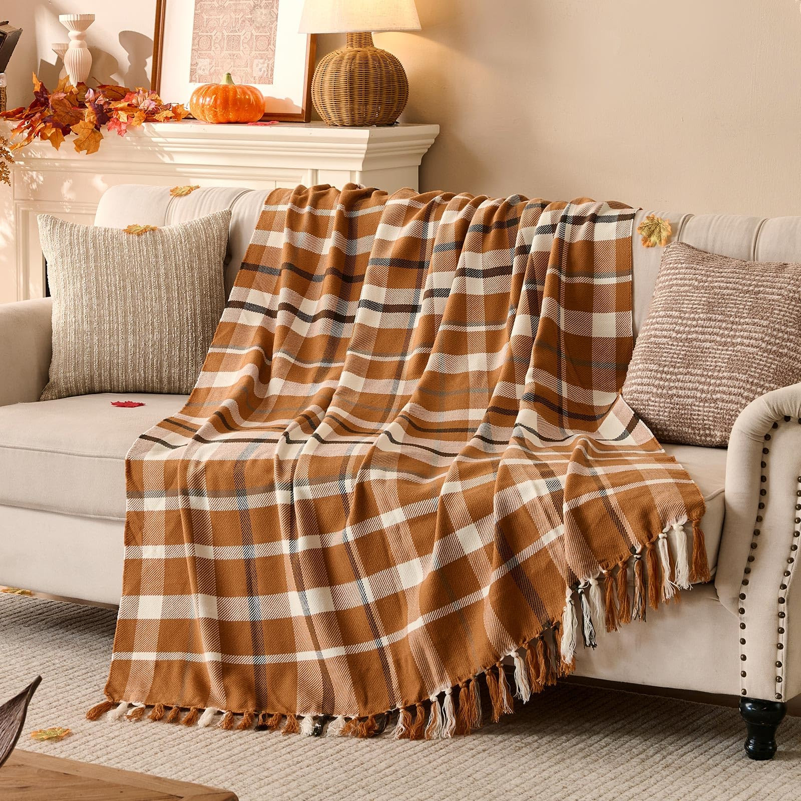 Lanpn Fall Plaid Throw Blanket, Cozy Soft Checked Blankets for Couch Sofa Bed, Decorative Acrylic... | Amazon (US)