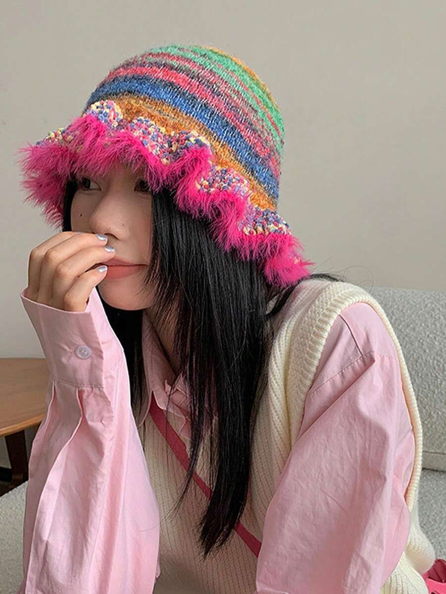 1Pcs Women's Vintage Rainbow Stripe Oil Painting Style Woolen Hat with Ruffle Edge Fashion Cool F... | SHEIN