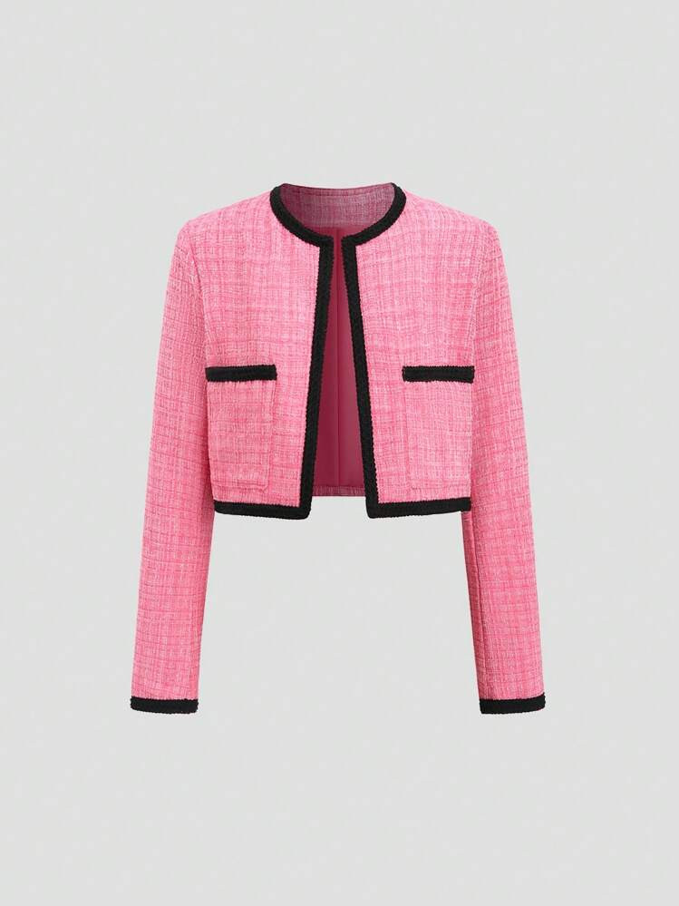 Sweetra Women's Elegant Contrast Binding Pocket Short Jacket | SHEIN