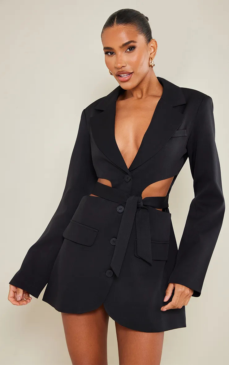 Black Plunge Side Cut Out Tie Detail Blazer Dress | PrettyLittleThing US
