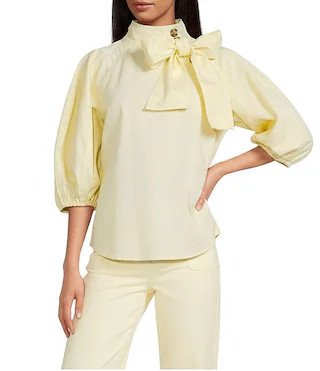 Denim Neck Tie 3/4 Puffed Sleeve Pleated Shoulder Top | Dillard's