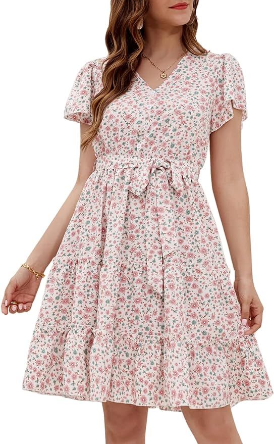 GRACE KARIN Women's Floral Dresses Summer Ruffle Sleeves Button Down Swing Dress with Belt | Amazon (US)