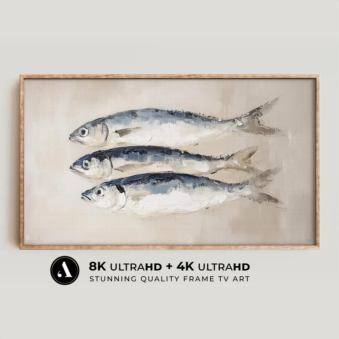 Coastal Samsung Frame TV Art | Sardine Frame Tv Art | Fish Painting for TV | Neutral Tones | Digi... | Etsy (US)