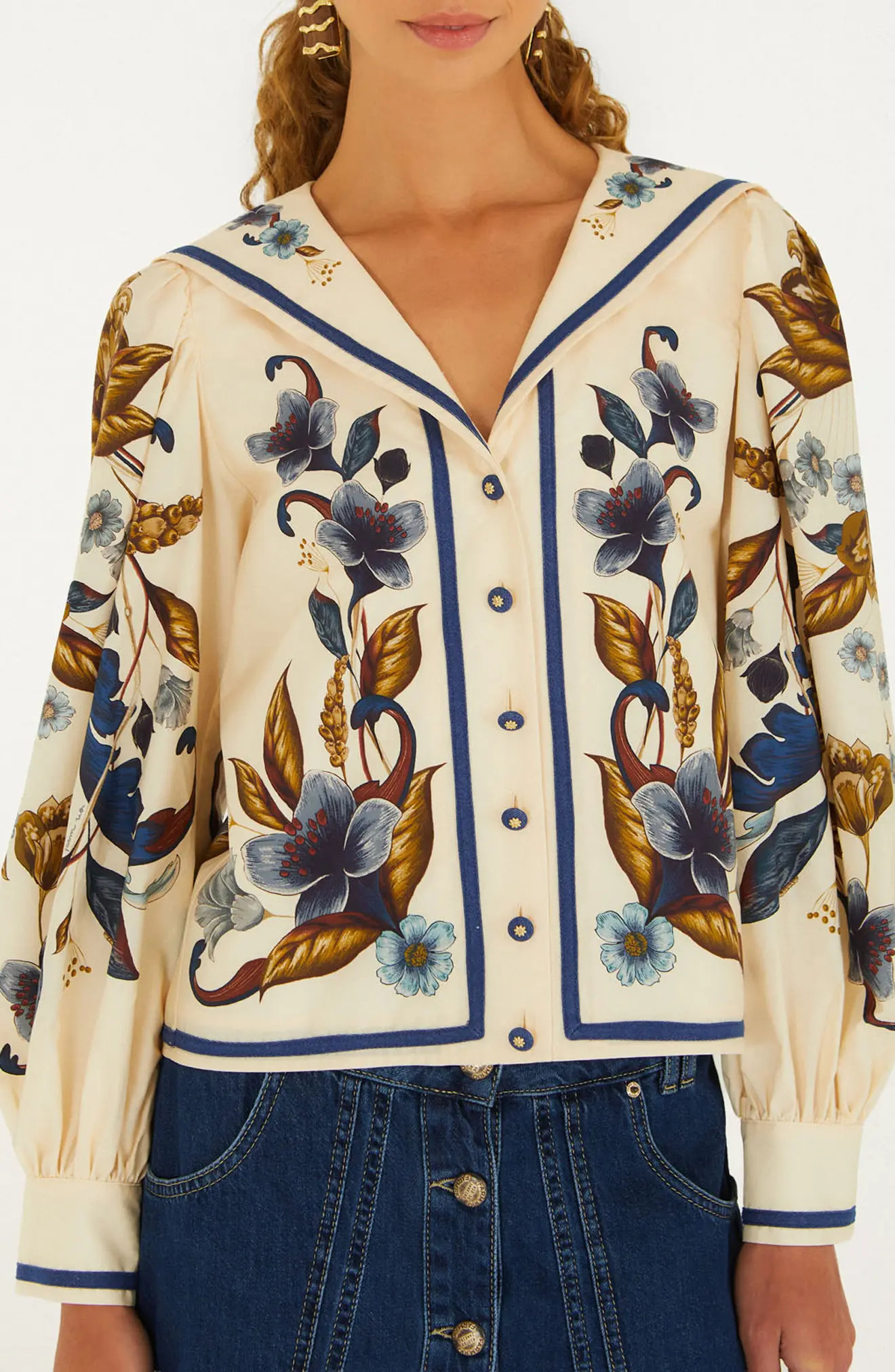 FARM Rio Golden Nature Floral Sailor Collar Button-Up Top (Women) | Nordstrom | Nordstrom