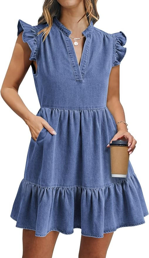 Denim Dress for Women Ruffle Short Sleeve V Neck Jean Mini Dress with Pockets       
        
   ... | Amazon (US)