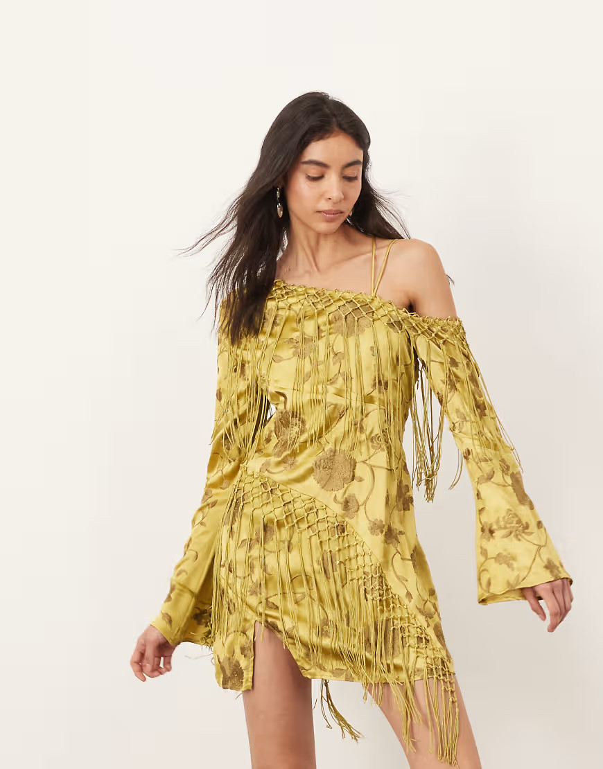 ARRANGE embroidered fringe detail off shoulder tie back mini dress in olive-Green | ASOS (Global)