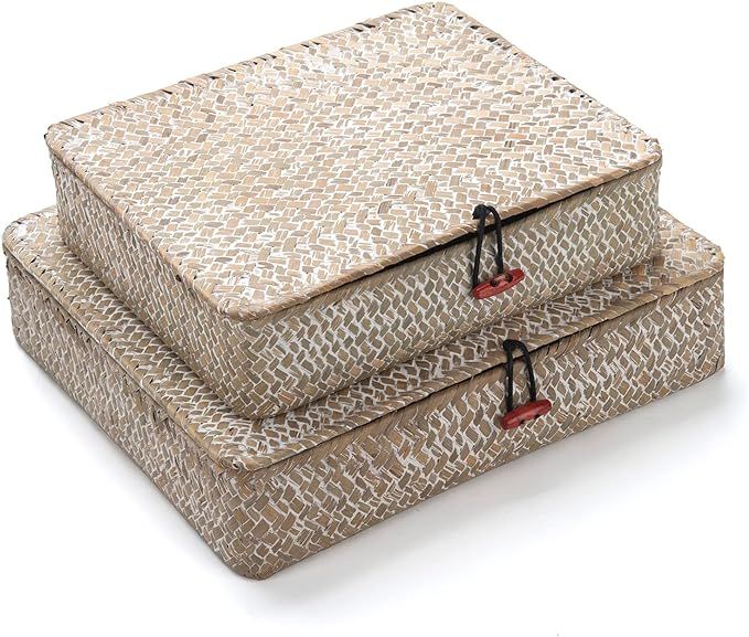Whitewash Seagrass Basket with Lid Rectangular Decorative Storage Boxes for Shelf Organize Snack ... | Amazon (US)