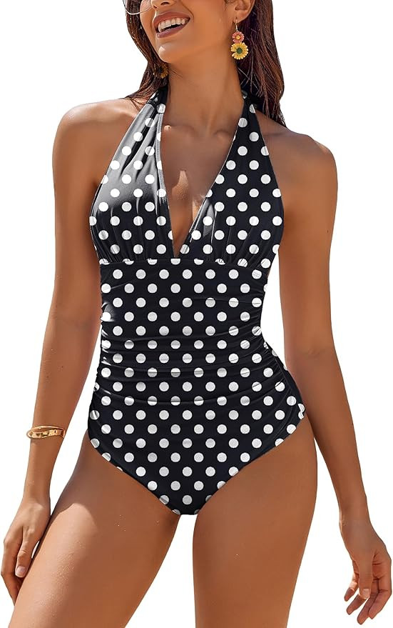AI'MAGE Women's One Piece Swimsuit Tummy Control Halter Ruched Deep V Neck Bathing Suits | Amazon (US)