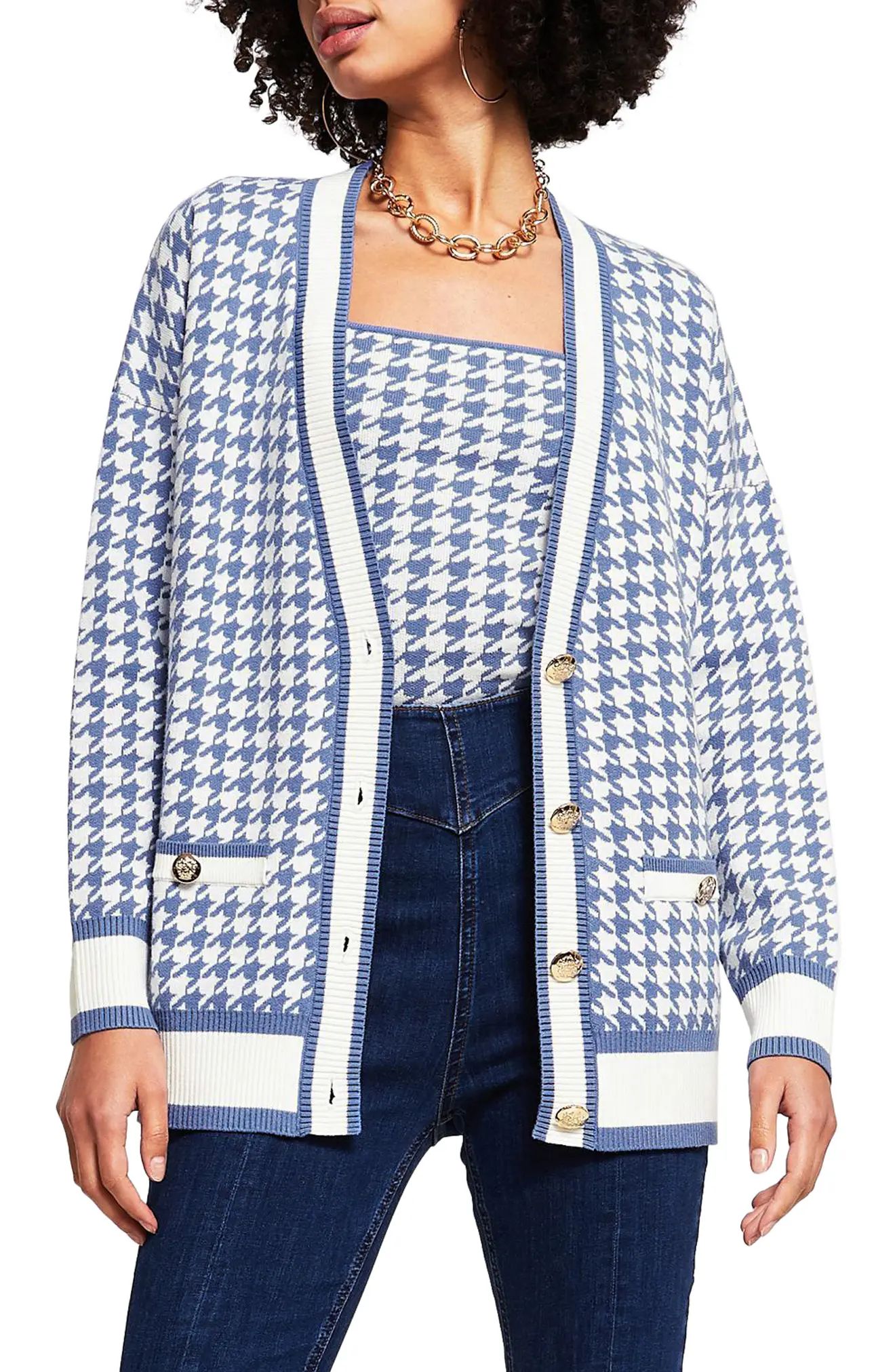 Women's River Island Houndstooth Oversize Cardigan, Size Medium - Blue | Nordstrom