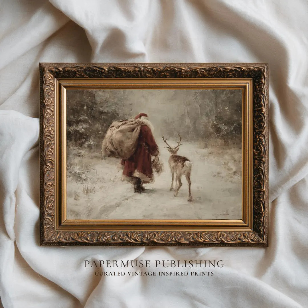 Vintage Santa Claus Print, Rustic Reindeer Wall Art, Antique Christmas Painting, Cozy Winter Scen... | Etsy (US)