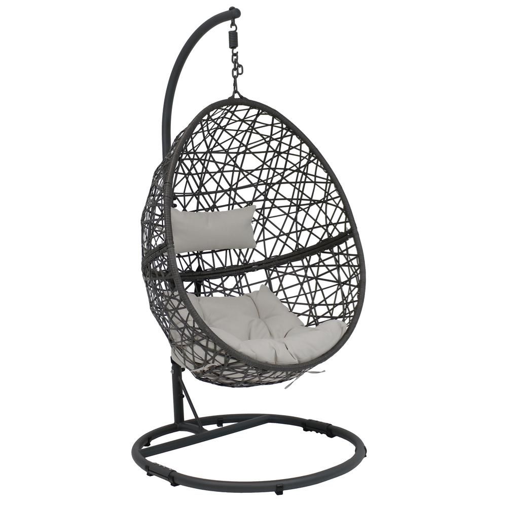 Sunnydaze Decor Caroline Resin Wicker Outdoor Hanging Egg Patio Lounge Chair with Stand and Gray Cus | The Home Depot