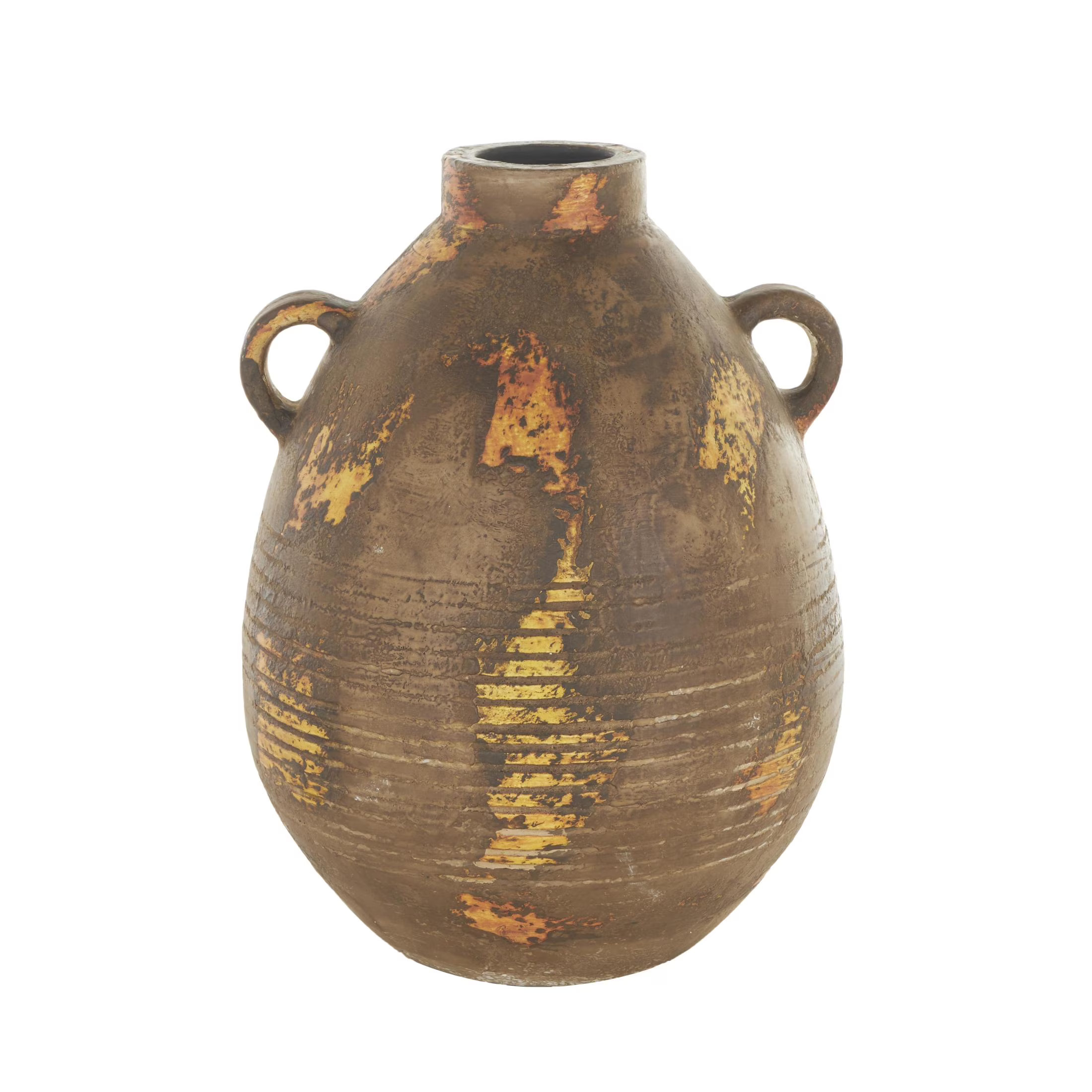 DecMode 15" Antique Style Distressed Brown Ceramic Vase with Grooves and Handles | Walmart (US)