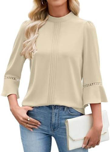 Funlingo Women's 3/4 Sleeve Tops Dressy Casual Mock Neck Tunic Shirt Business Office Work Blouses... | Amazon (US)