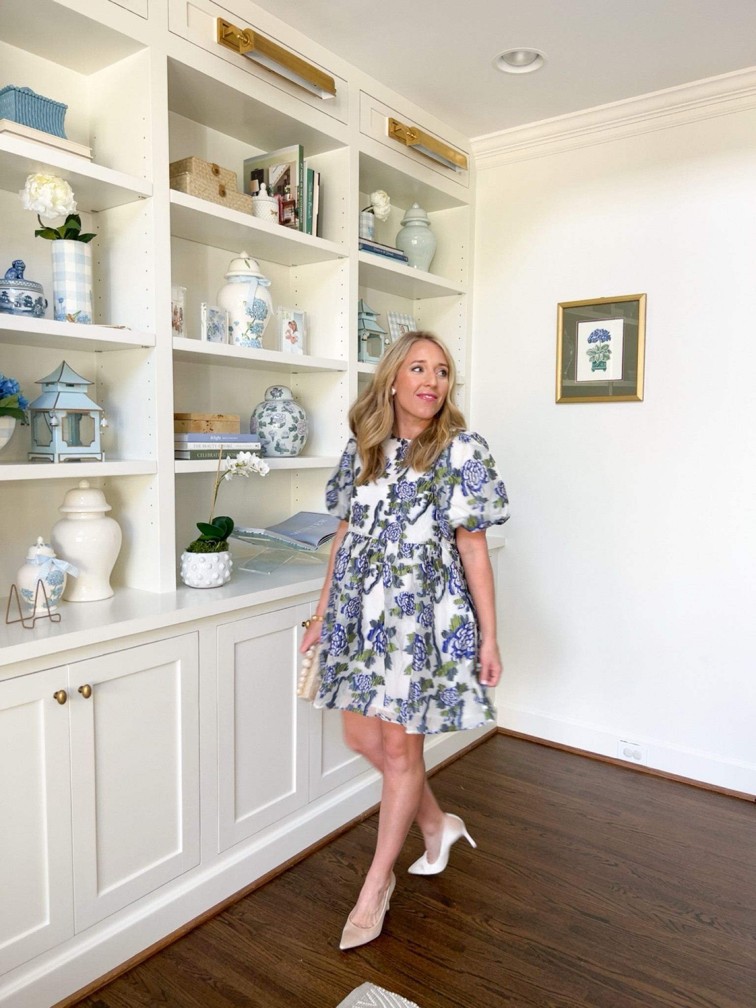 Blue and white baroque floral mini dress perfect for the holiday parties! Puff sleeve details and quality, stiff fabric that holds its shape. Flattering silhouette. And all the basic pumps you need for parties and events! 

#LTKparties #LTKHoliday #LTKshoecrush